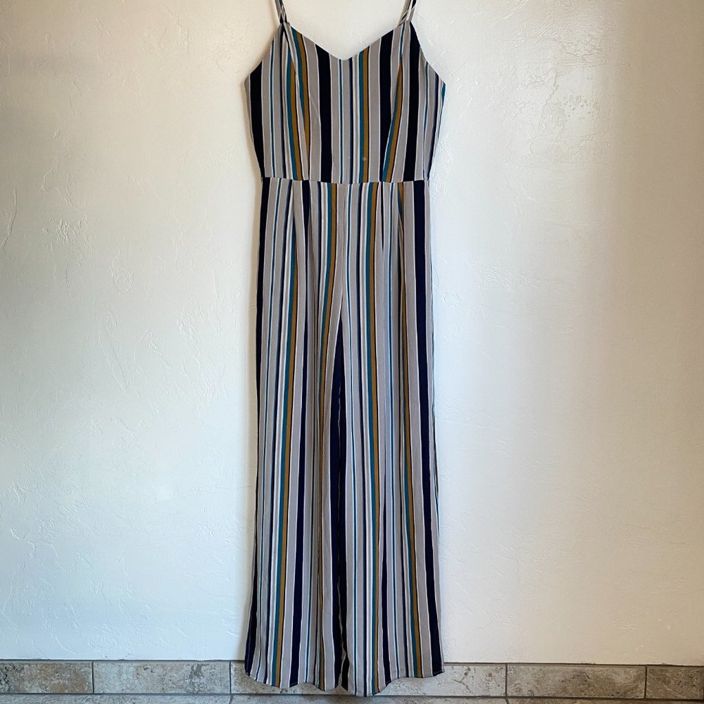 Monteau Striped Split Leg Spaghetti Strap Jumpsuit Size Large
